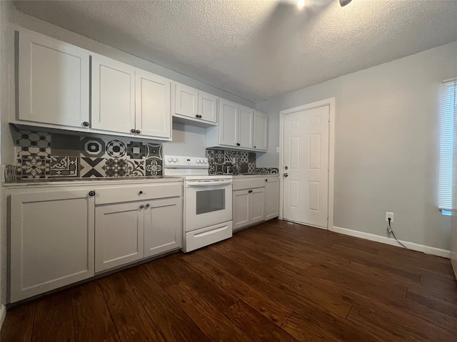 kitchen with decorative backsplash, a textured ceiling, white cabinets, dark hardwood / wood-style flooring, and electric range