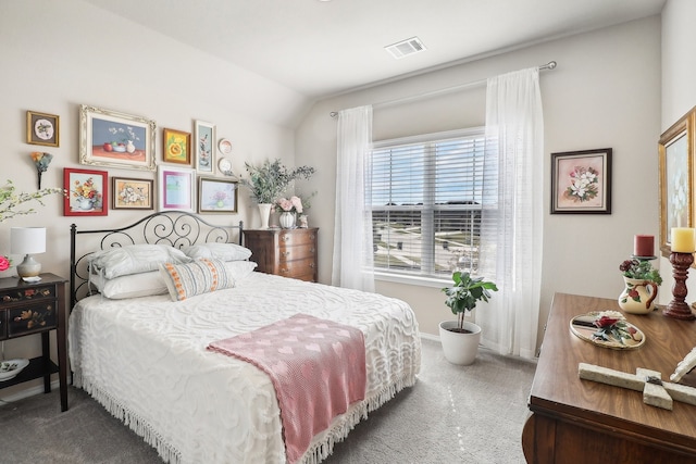 bedroom with lofted ceiling and carpet