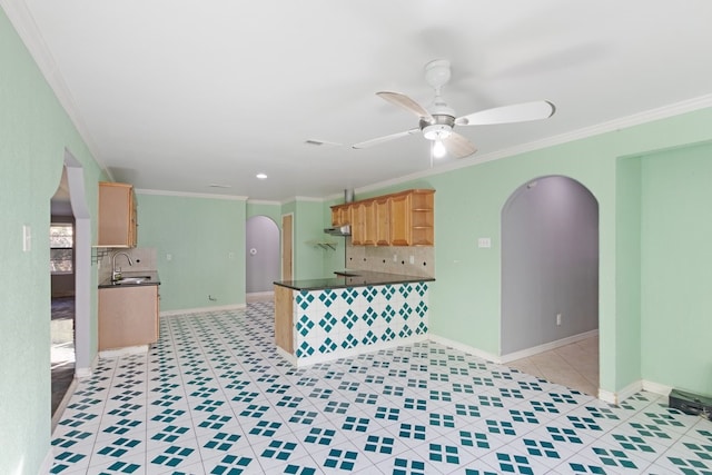 kitchen featuring decorative backsplash, kitchen peninsula, ceiling fan, and ornamental molding