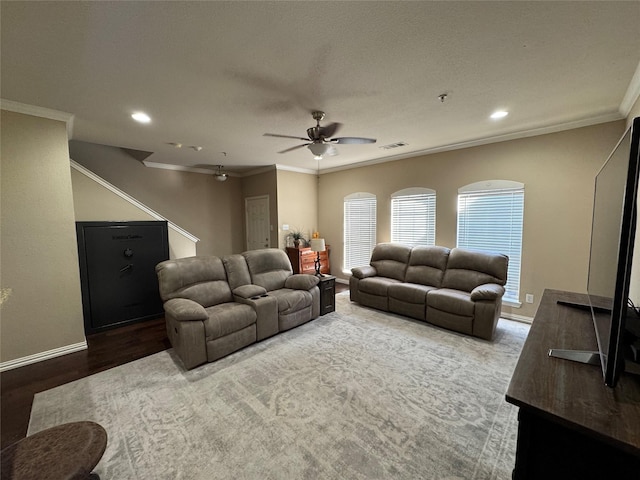 575 S Virginia Hills Dr Unit 105, Mckinney, TX 75072 - living room with hardwood / wood-style floors, ceiling fan, and crown molding