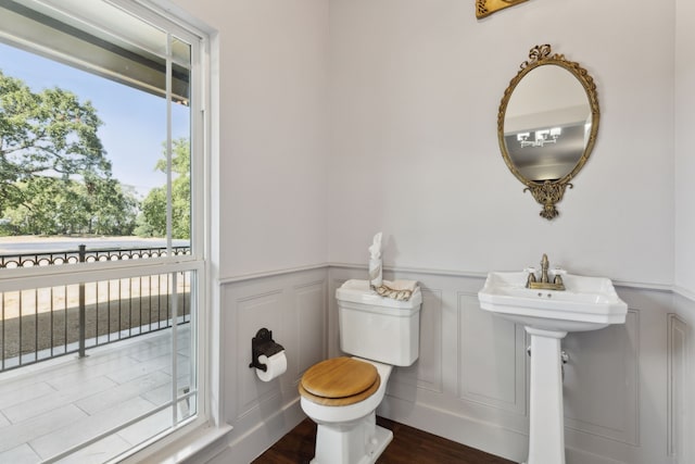 bathroom with hardwood / wood-style flooring, toilet, and sink