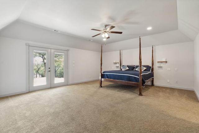 bedroom featuring french doors, access to outside, ceiling fan, and lofted ceiling