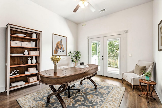 office with french doors, dark hardwood / wood-style flooring, and ceiling fan