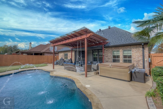 view of swimming pool with a pergola, pool water feature, an outdoor living space, a patio area, and a hot tub