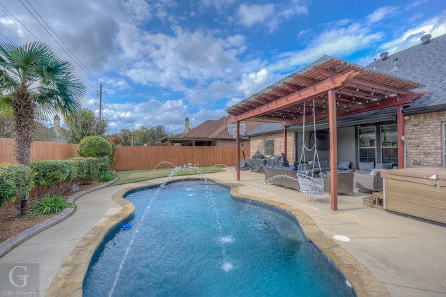 view of pool with pool water feature, an outdoor hangout area, a patio area, and a pergola