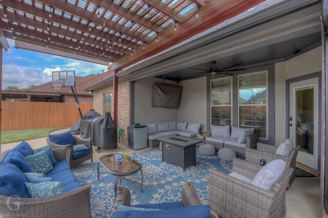 view of patio / terrace with outdoor lounge area, a grill, and a pergola