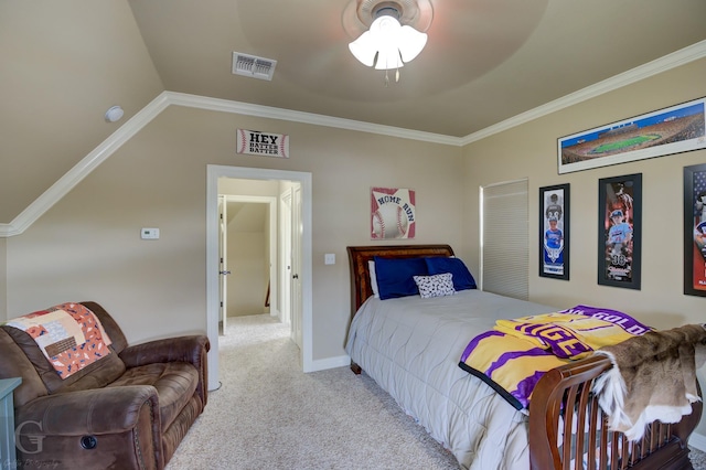 bedroom with light carpet, lofted ceiling, ceiling fan, and crown molding