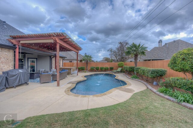 view of swimming pool featuring a pergola, an outdoor hangout area, pool water feature, a grill, and a patio area