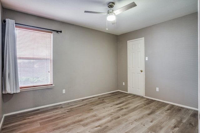 unfurnished room with plenty of natural light, light hardwood / wood-style floors, and ceiling fan