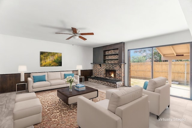 3312 Crater Ln, Plano, TX 75023 - living area featuring ceiling fan and a brick fireplace