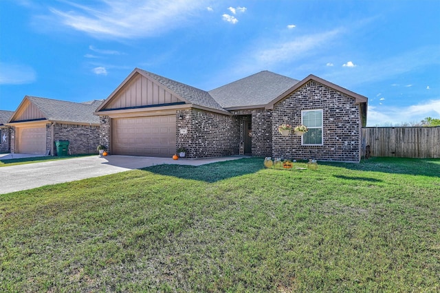 ranch-style house with a garage and a front yard