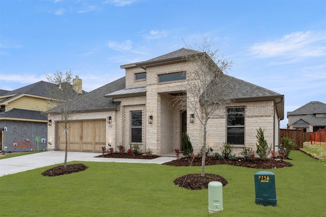 view of front facade with driveway, an attached garage, a standing seam roof, a front yard, and brick siding