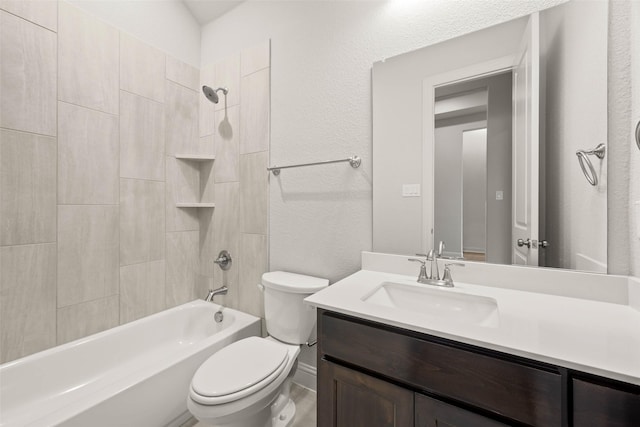 full bath with toilet, a textured wall, shower / tub combination, and vanity