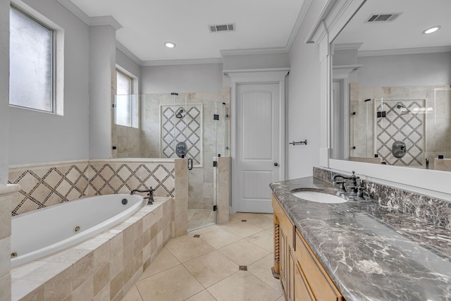 bathroom featuring shower with separate bathtub, vanity, tile patterned flooring, and ornamental molding