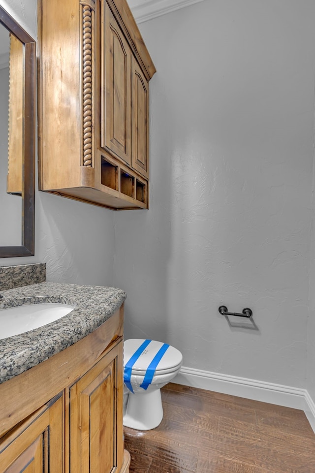 bathroom with hardwood / wood-style floors, vanity, and toilet