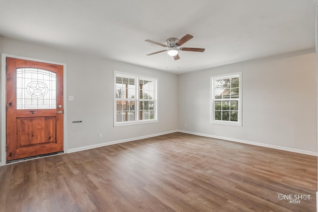 foyer featuring hardwood / wood-style flooring and ceiling fan