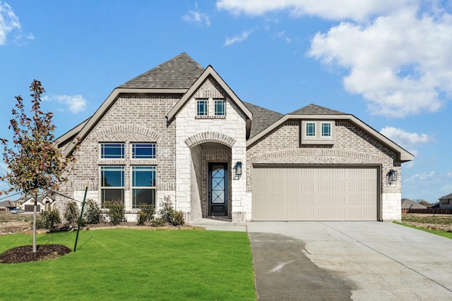 view of front of home with a front lawn and a garage