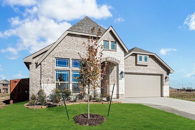 view of front of property with a garage and a front lawn