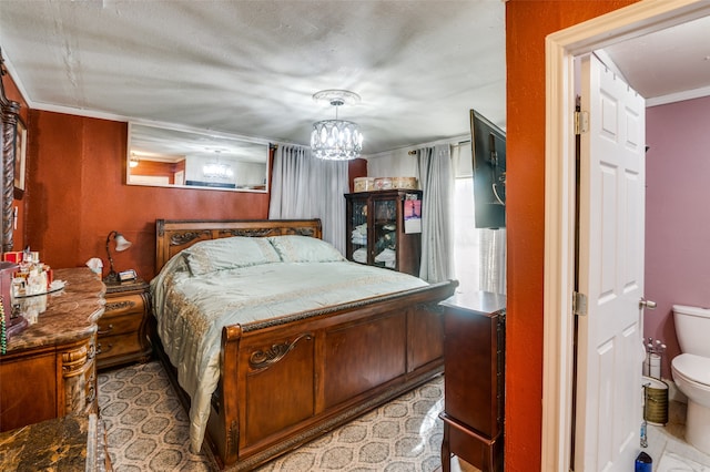 bedroom featuring a textured ceiling, a notable chandelier, and ornamental molding