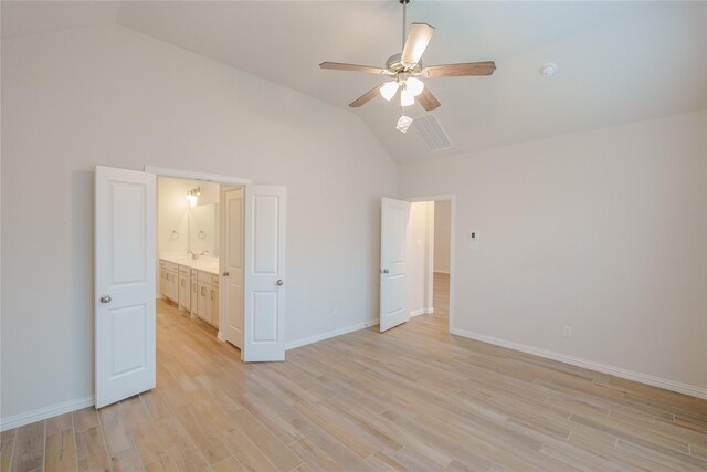 unfurnished bedroom with high vaulted ceiling, light wood-type flooring, and ceiling fan