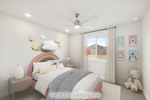 bedroom with ceiling fan and carpet flooring