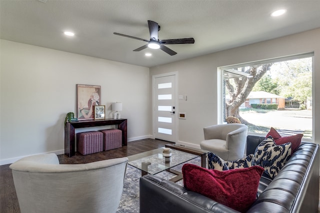 living room with ceiling fan and dark hardwood / wood-style flooring