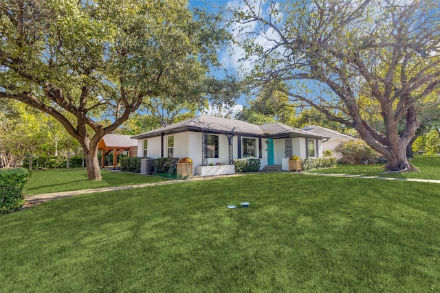 single story home featuring a front yard and cooling unit