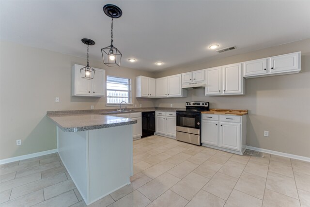 kitchen featuring white cabinetry, pendant lighting, and electric range