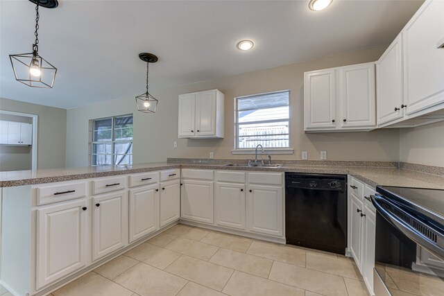 kitchen with black appliances, decorative light fixtures, sink, white cabinets, and kitchen peninsula