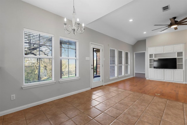 unfurnished living room with ceiling fan with notable chandelier, built in features, vaulted ceiling, and light tile patterned flooring