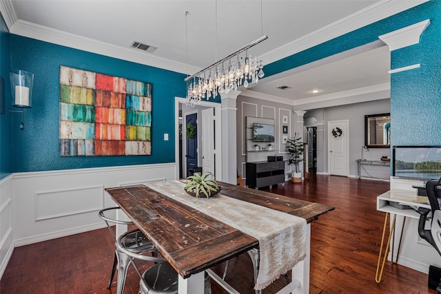 dining area with ornamental molding and dark wood-type flooring