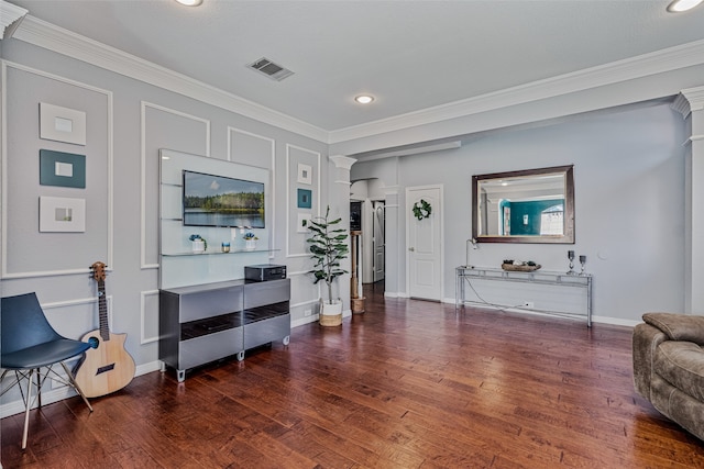 living room with crown molding and dark hardwood / wood-style flooring