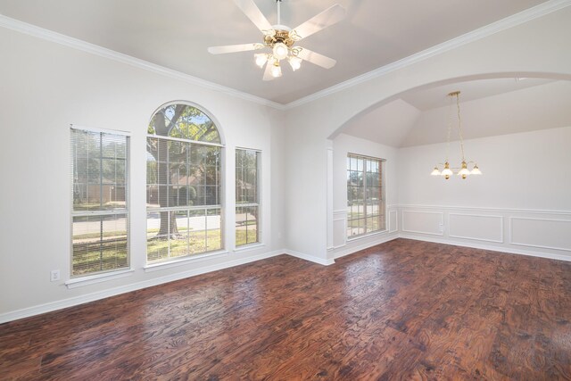 empty room with wood-type flooring, ceiling fan with notable chandelier, crown molding, and a healthy amount of sunlight