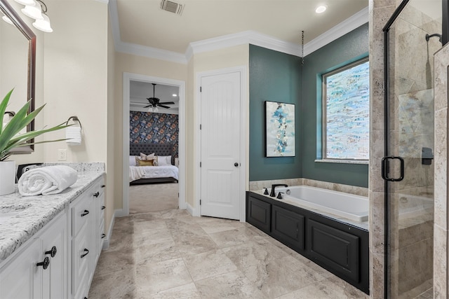 bathroom with plus walk in shower, vanity, ceiling fan, and crown molding