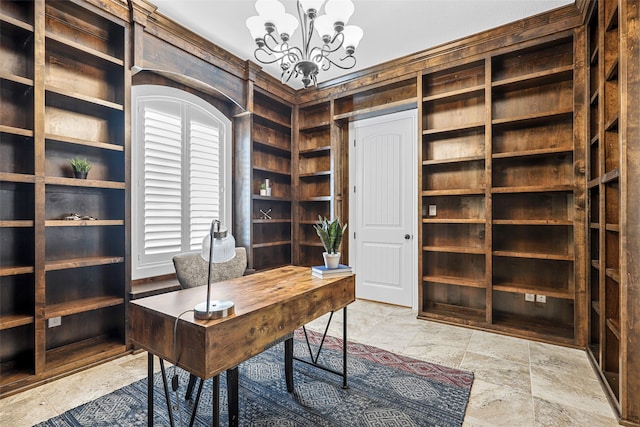 office area with a notable chandelier