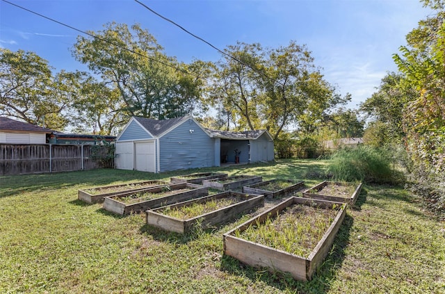 view of yard featuring a garage and an outdoor structure