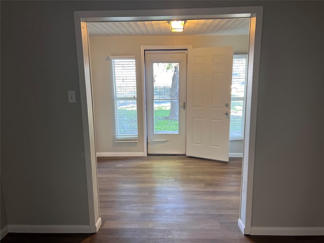 doorway featuring dark wood-type flooring