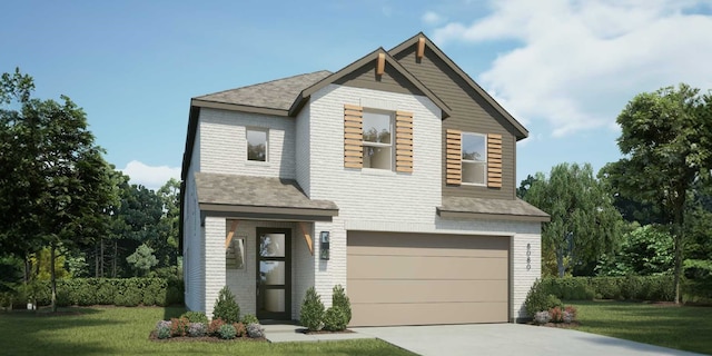 view of front of home with a garage and a front lawn