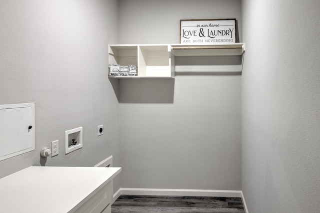 clothes washing area with hookup for an electric dryer, hookup for a washing machine, and dark hardwood / wood-style floors