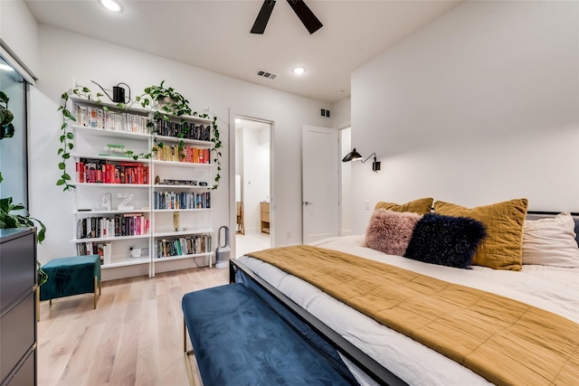 bedroom featuring ceiling fan and light wood-type flooring