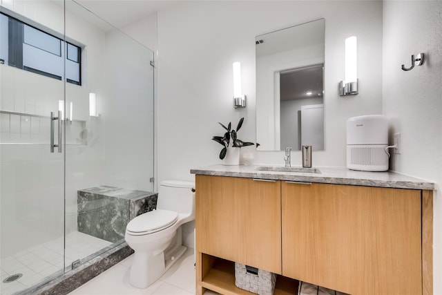 bathroom featuring walk in shower, tile patterned flooring, vanity, and toilet