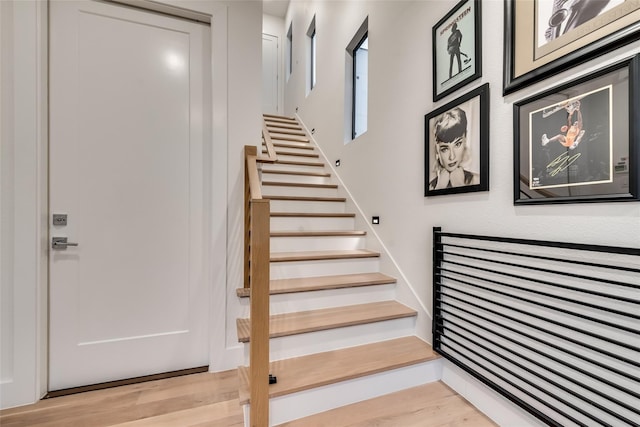 staircase with hardwood / wood-style flooring