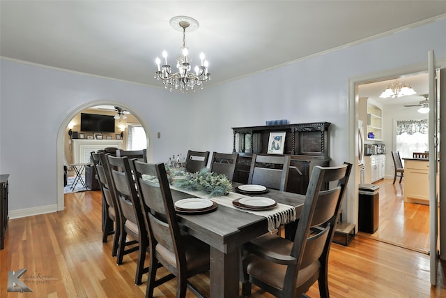 dining room featuring ceiling fan with notable chandelier, light wood-type flooring, and ornamental molding