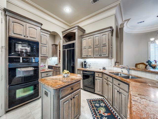 kitchen featuring black appliances, light tile patterned flooring, crown molding, decorative backsplash, and sink