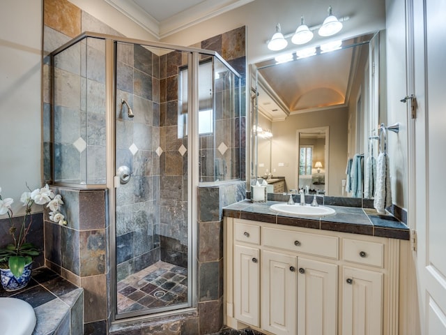 bathroom featuring independent shower and bath, vanity, and crown molding