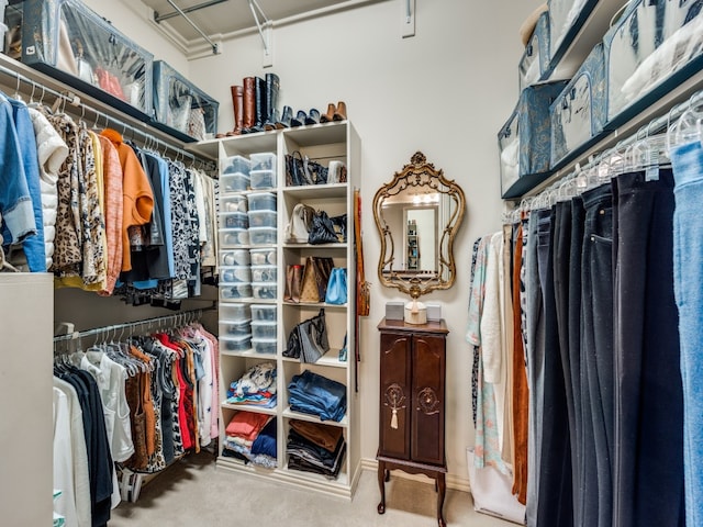 walk in closet featuring light carpet