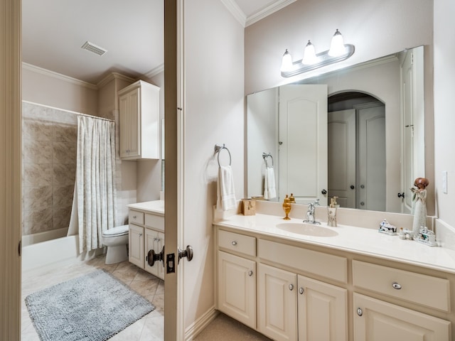 full bathroom with ornamental molding, tile patterned flooring, vanity, and toilet