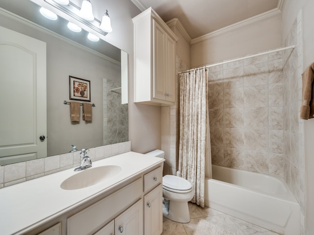 full bathroom with tile patterned floors, crown molding, vanity, toilet, and shower / bathtub combination with curtain