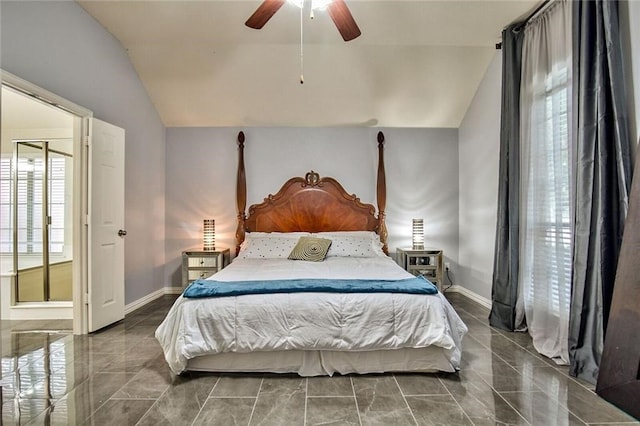 bedroom featuring ceiling fan, lofted ceiling, and multiple windows