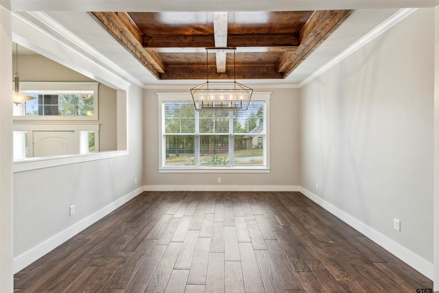 unfurnished room with wooden ceiling, ornamental molding, a tray ceiling, a notable chandelier, and dark hardwood / wood-style flooring